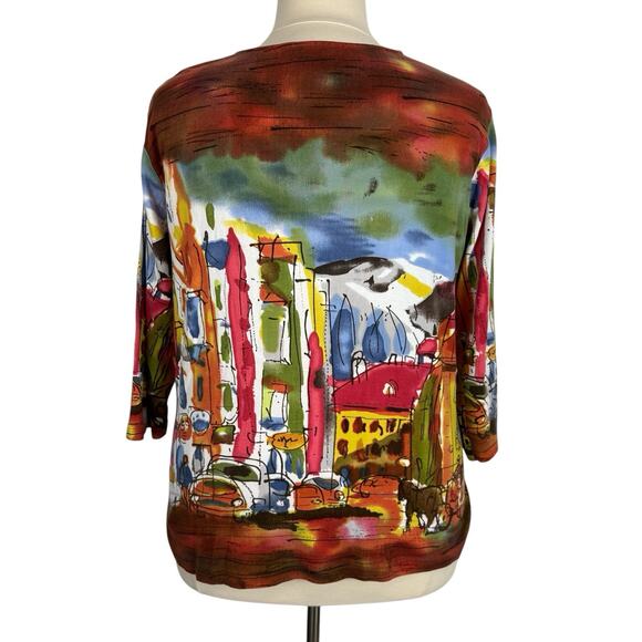 Michael Leu Top Women 2X Watercolor Colorful Cityscape Statement Artsy Vacation - Picture 3 of 13